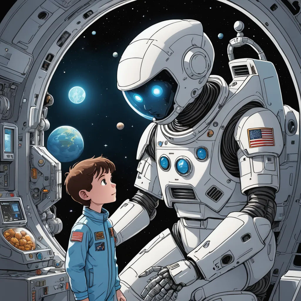 a boy standing in front of a space station with a robot next to him and a space station with a planet in the background, space art, a storybook illustration, Aaron Jasinski, josan gonzales and dan mumford