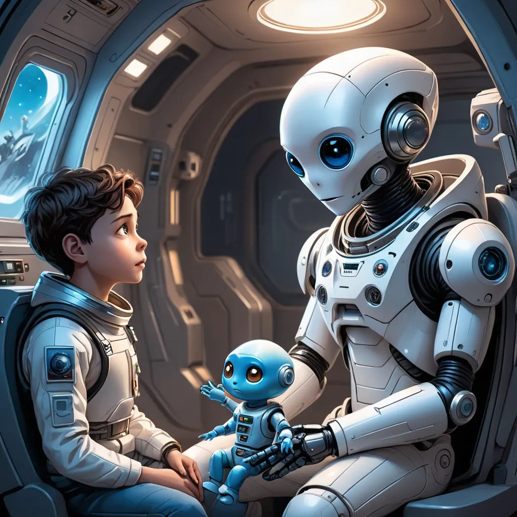 a boy and a robot sitting in a space station looking at each other and talking to each other, with a window in the background, space art, a storybook illustration, Aaron Jasinski, sci fi