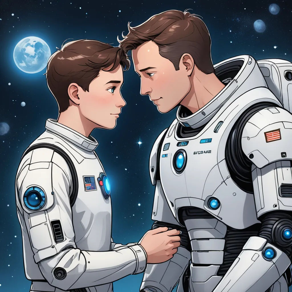 a couple of people that are standing in front of a moon and stars background with a space suit on, space art, a storybook illustration, Felix-Kelly, graphic novel