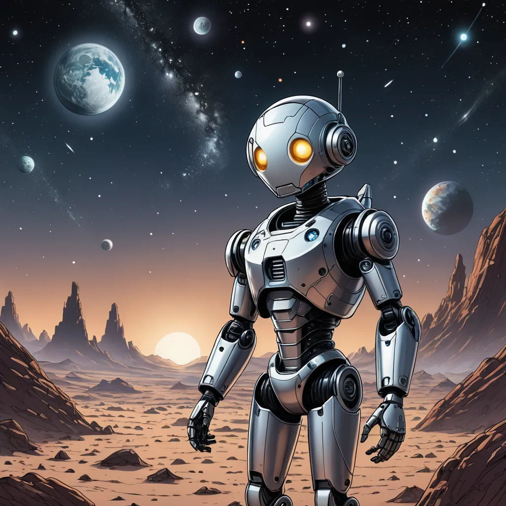 a robot standing in a desert area with planets in the background and a moon in the sky above it, space art, an airbrush painting, David A Hardy, robot