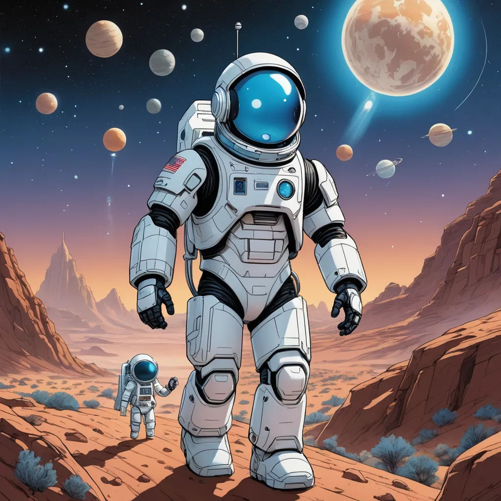 a cartoon of an astronaut and a spaceman in a desert landscape with planets in the background and a distant planet in the foreground, space art, poster art, Asaf Hanuka, josan gonzales and dan mumford