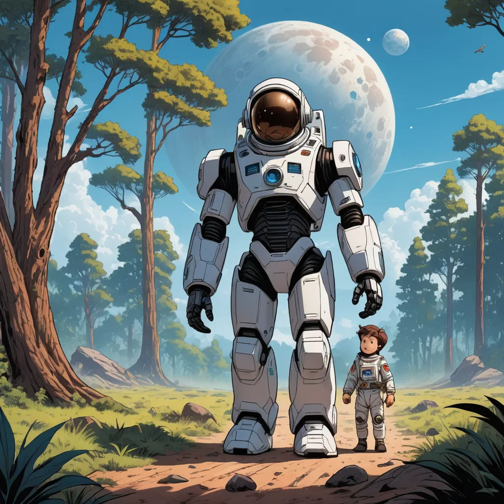 a cartoon of a man and a robot walking in the woods with a man in front of them and a giant moon in the background, space art, a storybook illustration, Dan Mumford, josan gonzales and dan mumford