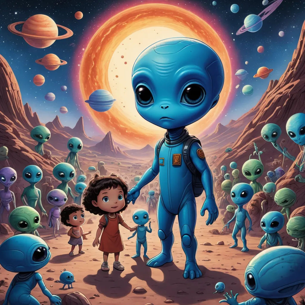 a cartoon of a blue alien holding hands with a little girl in a red dress and a group of alien like creatures, pop surrealism, a storybook illustration, Chris LaBrooy, josan gonzales and dan mumford