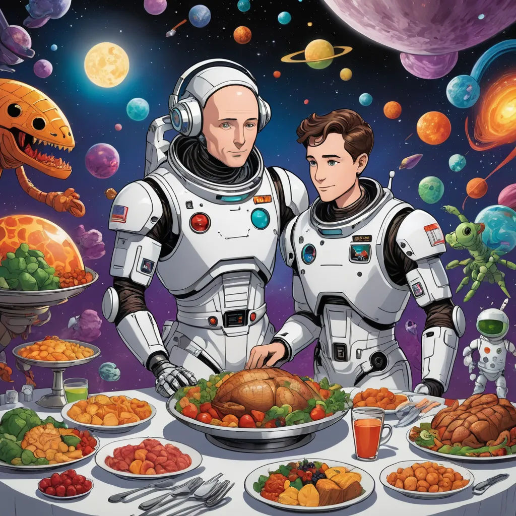 a couple of astronauts standing next to a table full of food and drinks in front of a space scene, space art, poster art, Asaf Hanuka, official art