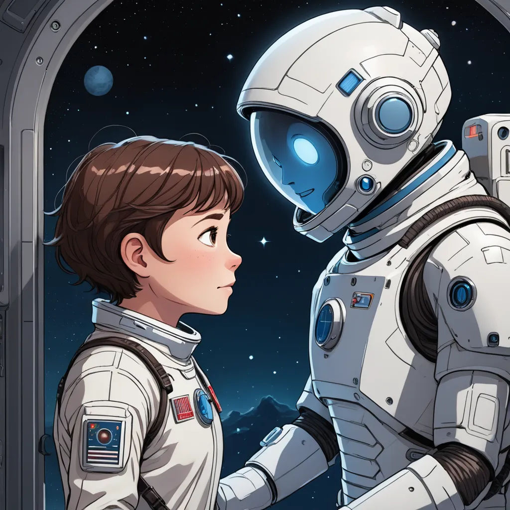 a boy in a space suit looking at a robot in a window with a planet in the background and stars in the sky, space art, a storybook illustration, Aaron Jasinski, yukito kishiro