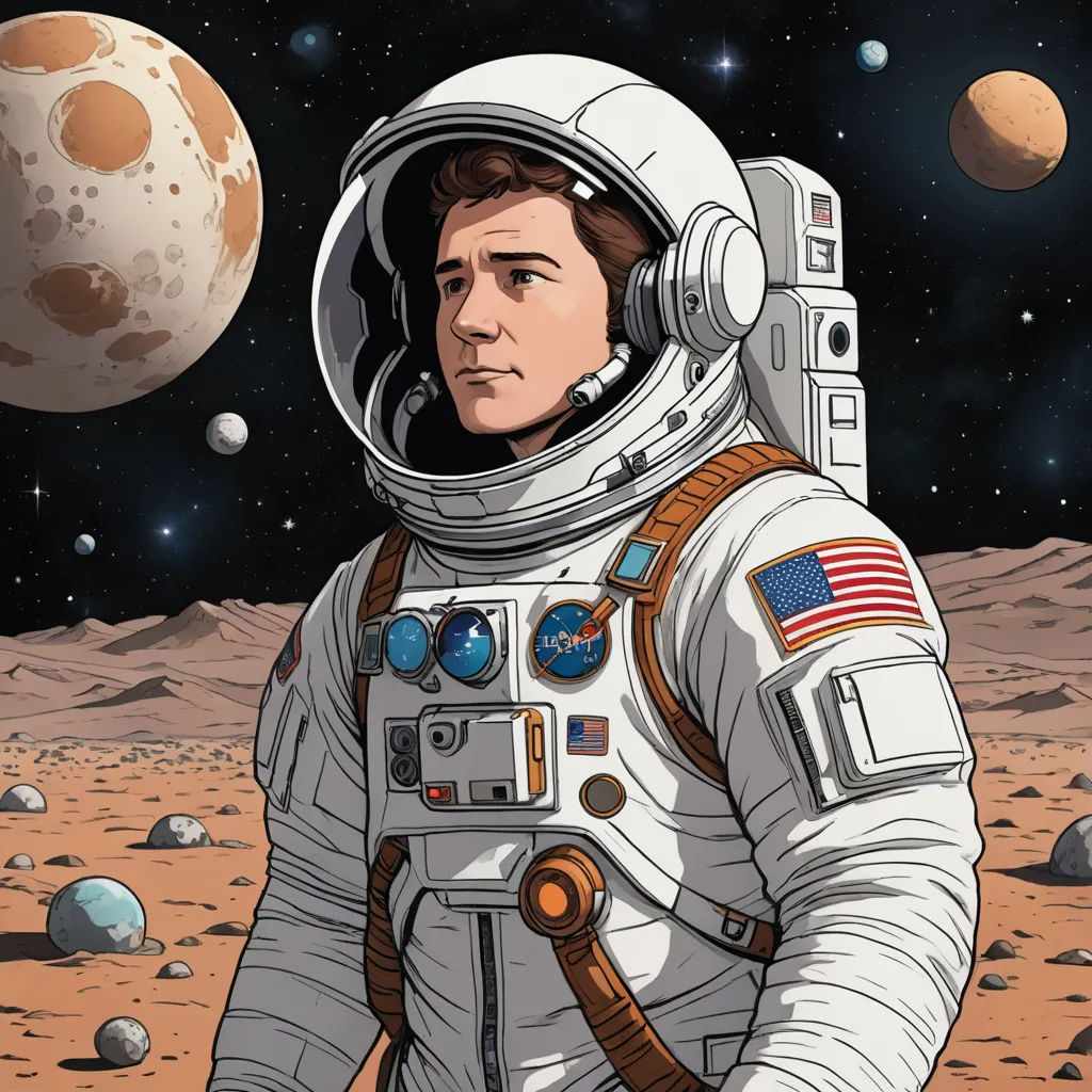 a man in an astronaut suit standing on a planet with a space shuttle in the background and a planet in the background, space art, poster art, Dan Frazier, poster