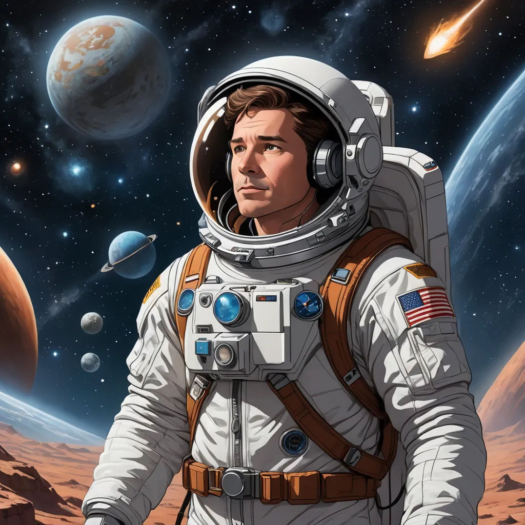 a man in a space suit standing in front of a planet with a rocket in the background and a distant object in the sky, space art, poster art, Chris LaBrooy, official art