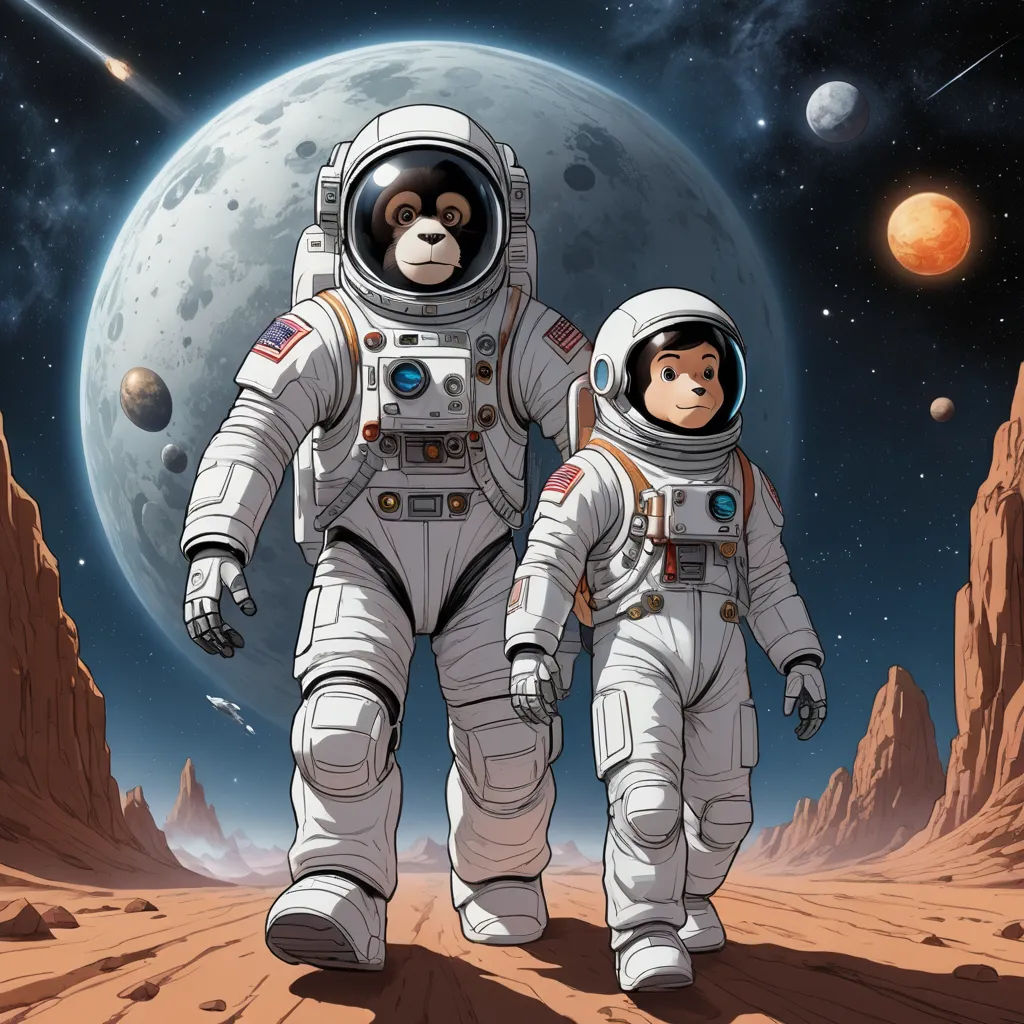 two astronauts walking in front of a planet with a monkey on one of them's legs and a monkey on the other, space art, an album cover, Cliff Childs, space