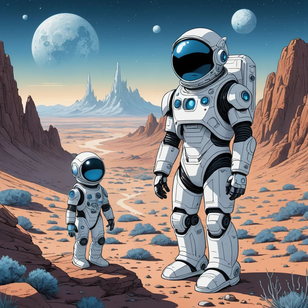 a man and a woman in space suits standing in the desert with a mountain in the background and a distant planet in the distance, space art, a storybook illustration, Asaf Hanuka, josan gonzales and dan mumford