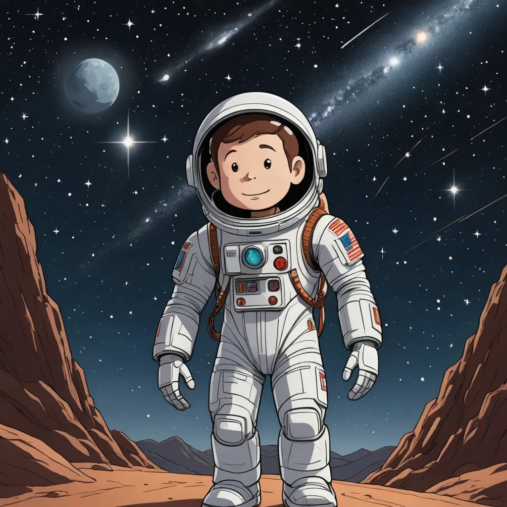 a monkey in an astronaut suit standing on a desert area with stars in the sky above it and a planet in the background, space art, a storybook illustration, Cliff Childs, comic cover art