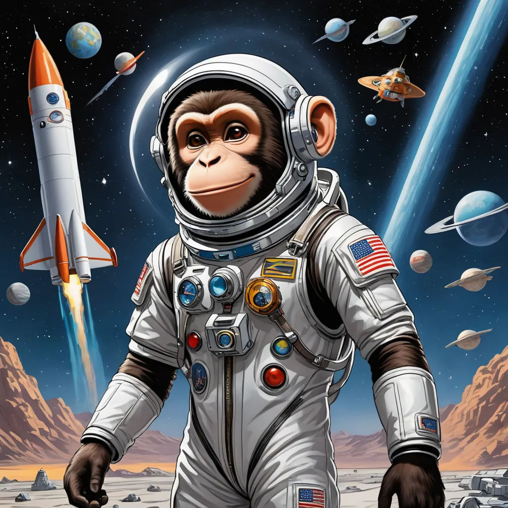 a monkey in a space suit standing in front of a rocket and planets with a rocket ship in the background, space art, poster art, Alex Petruk APe, tristan eaton