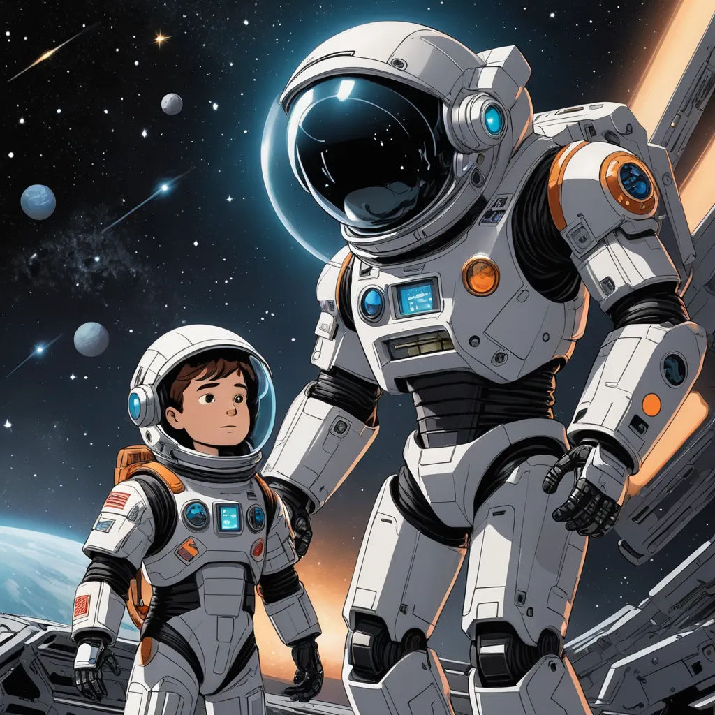 a boy in a space suit standing next to an astronaut in a space station with planets in the background, space art, a storybook illustration, Asaf Hanuka, yukito kishiro