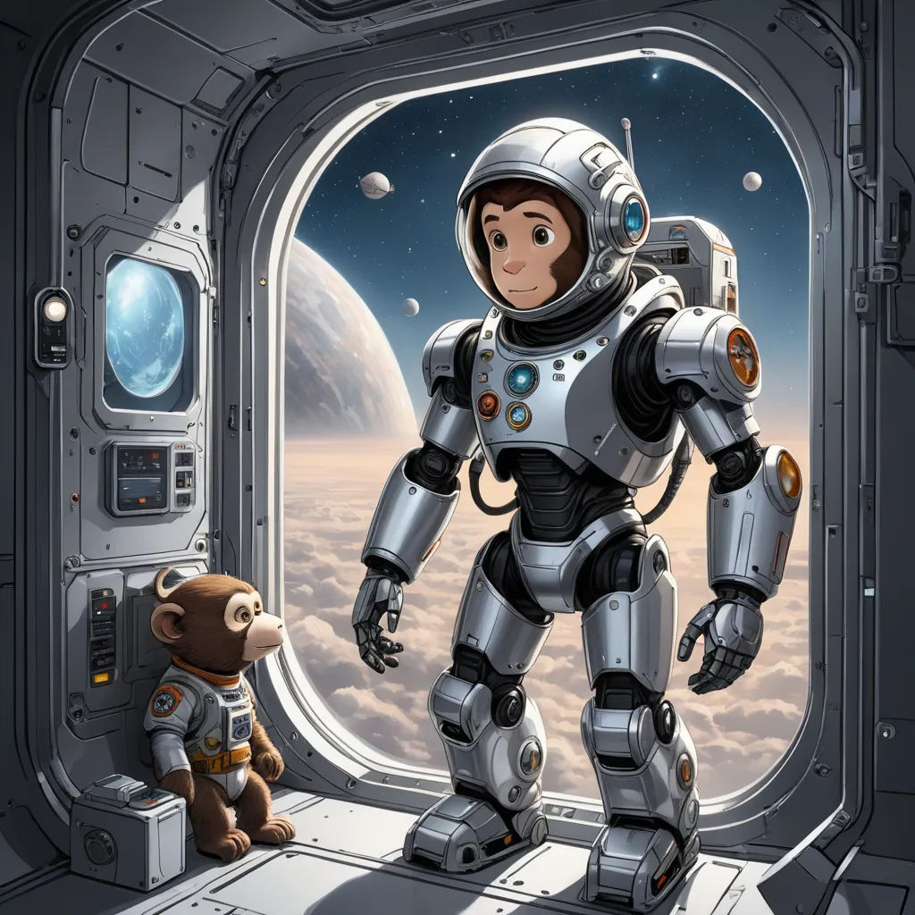 a cartoon of a man in a space suit next to a teddy bear in a space station window with a view of the earth, space art, a storybook illustration, Cliff Childs, highly detailed digital painting