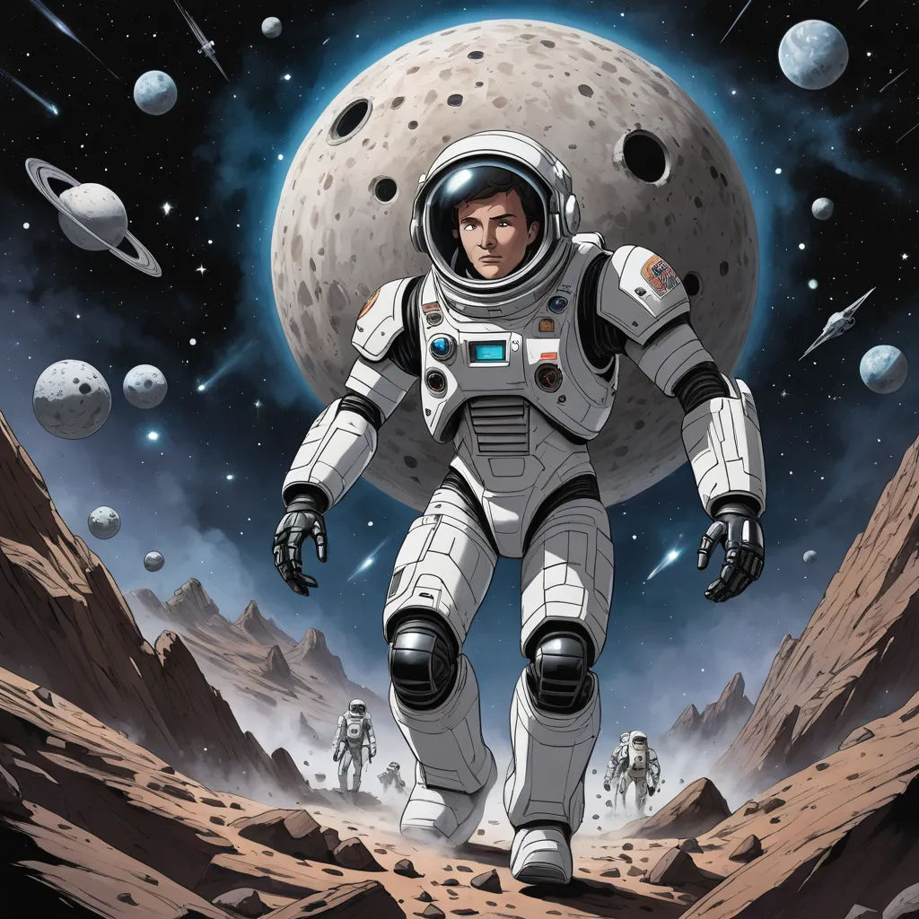 a man in a space suit walking on a rocky surface with planets in the background and a man in a space suit on the ground, space art, poster art, Barclay Shaw, comic cover art