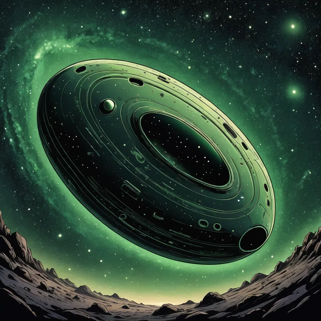 a green alien like object floating in the sky with stars in the background and a green glow on the bottom of the image, space art, concept art, Dan Mumford, cosmic horror