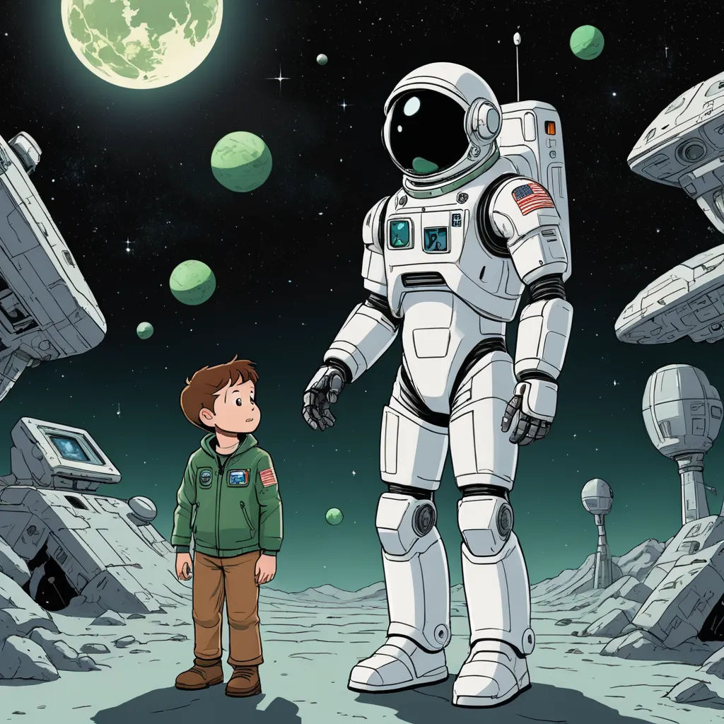 a boy standing next to a robot in the space with a moon in the background and a man in a green jacket, space art, a storybook illustration, Asaf Hanuka, josan gonzales and dan mumford