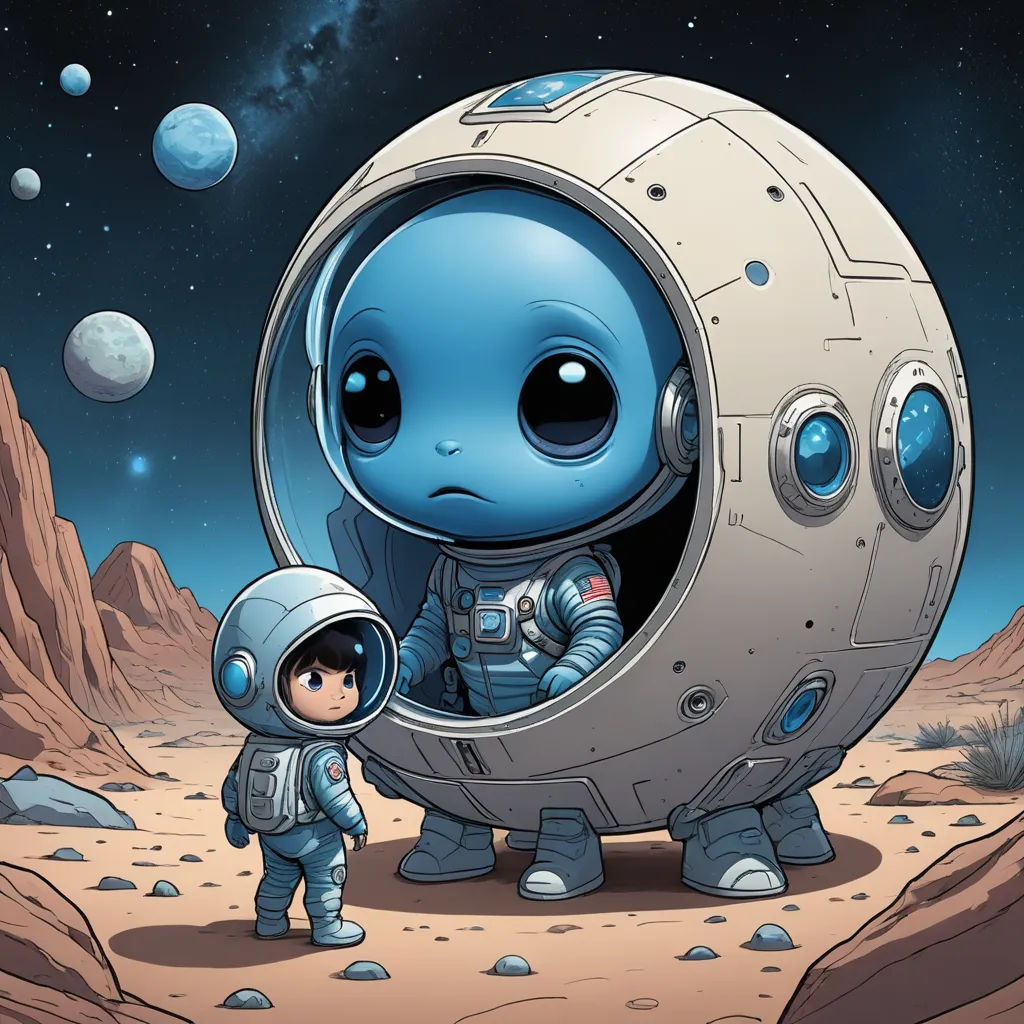 a little boy standing next to an alien in a space suit and helmet, with a small child in front of him, space art, a storybook illustration, Diego Gisbert Llorens, promotional image