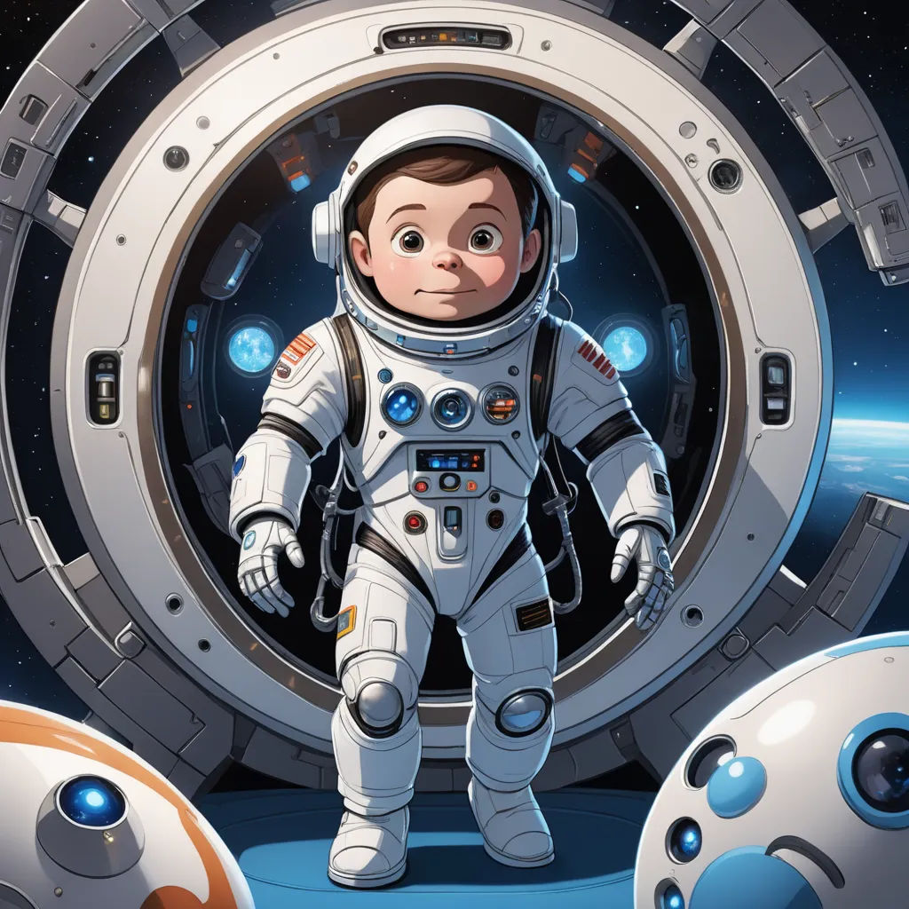 a cartoon of a man in a space suit standing in front of a space station door with a planet in the background, space art, a storybook illustration, Alan Bean, josan gonzales and dan mumford