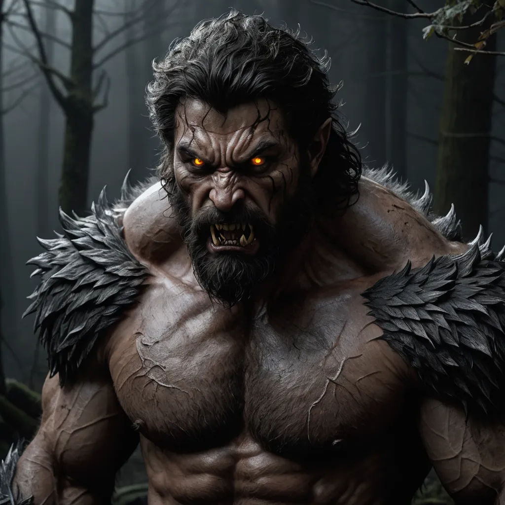 a man with a beard and big eyes in a forest with trees and branches with a demon like face, fantasy art, a detailed matte painting, Eddie Mendoza, epic fantasy character art
