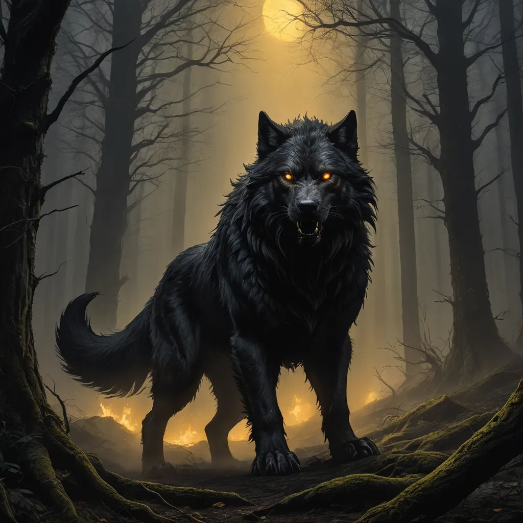 a wolf standing in a forest with a full moon in the background and trees in the foreground, with a trail of fire in the foreground, fantasy art, a digital painting, Anne Stokes, highly detailed digital painting