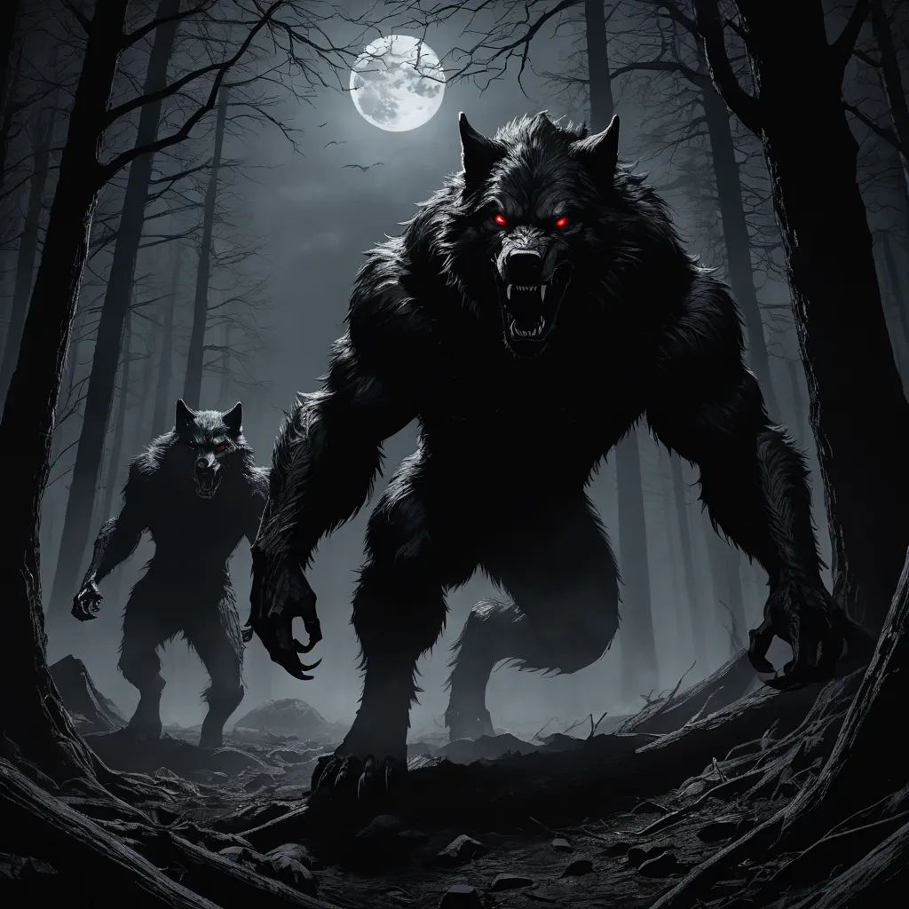 a couple of big furry animals walking through a forest at night with a full moon in the background and a wolf in the foreground, gothic art, concept art, Anne Stokes, full moon