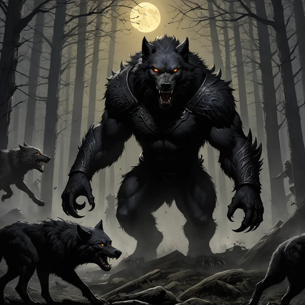 a wolf with a demon face and two wolfs in the woods with a full moon in the background, gothic art, concept art, Anne Stokes, full moon