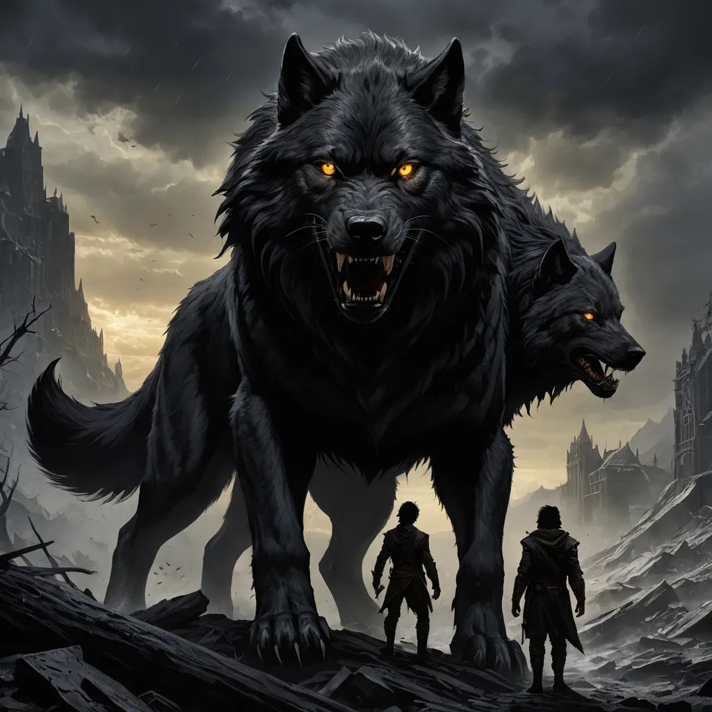 a couple of wolf standing next to each other on a rocky hillside with a castle in the background and a man in the foreground, fantasy art, concept art, Anne Stokes, highly detailed digital painting