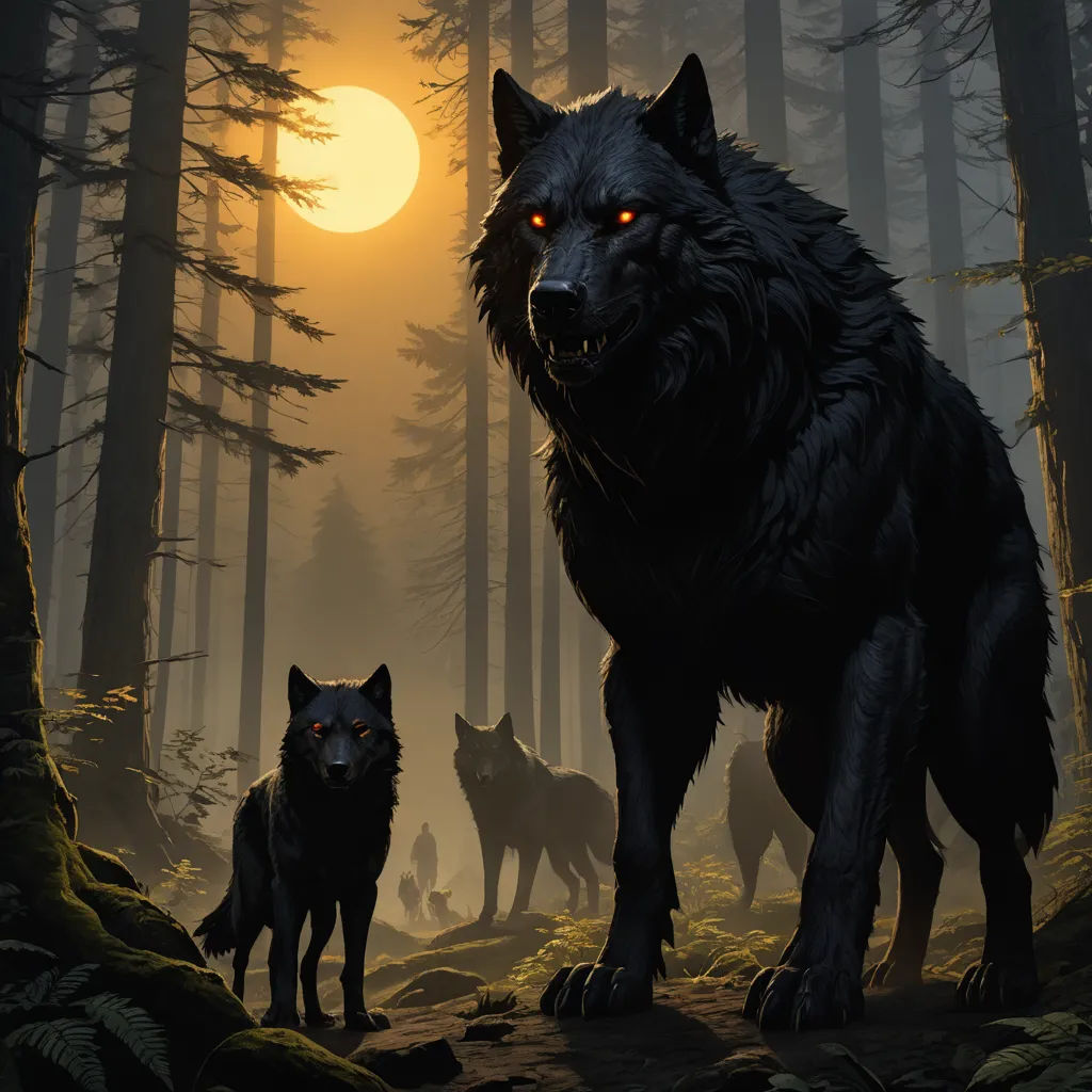 a group of wolfs standing in a forest at night with the sun shining through the trees and the moon shining down, furry art, concept art, Dan Mumford, dark shadows