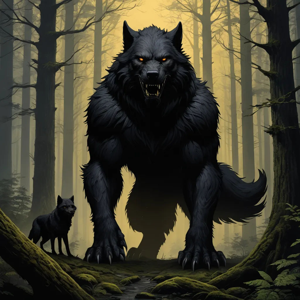 a wolf and a wolf cub in a forest with a full moon in the background and a path leading to them, gothic art, a poster, Anne Stokes, fullbody