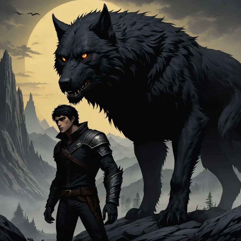a man standing next to a wolf on a mountain under a full moon sky with a full moon behind him, gothic art, a character portrait, Dirk Crabeth, epic fantasy character art