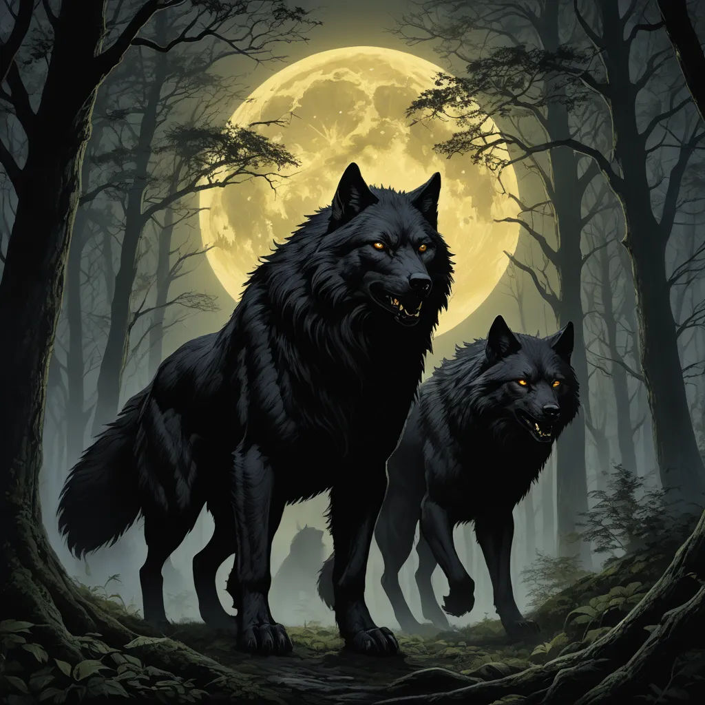two black wolfs are walking in the woods with a full moon in the background and trees in the foreground, gothic art, an album cover, Anne Stokes, full moon