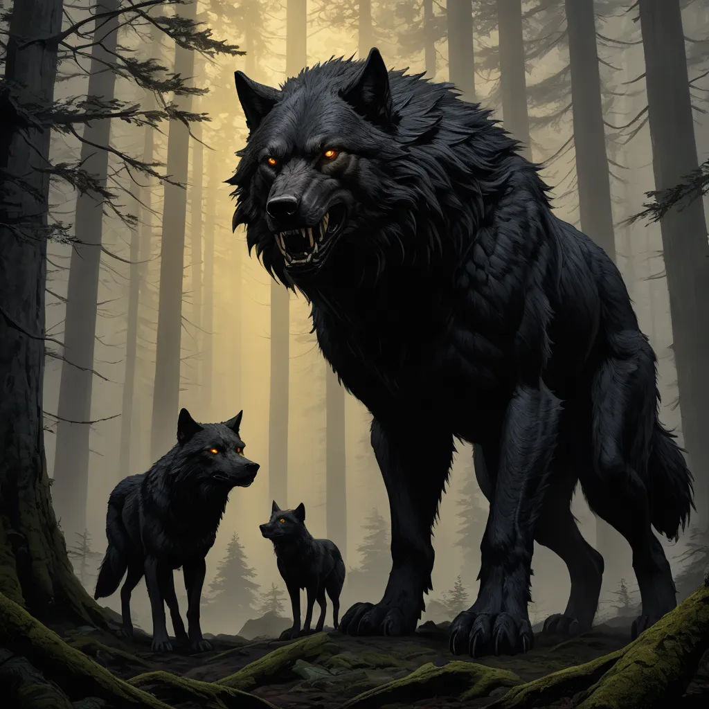 a wolf and two cubs in a forest with trees and fogs in the background, with a yellow light coming from the eyes, gothic art, concept art, Anne Stokes, dark art