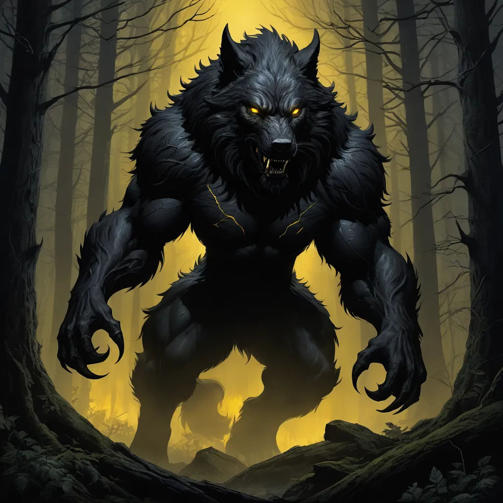 a black wolf with yellow eyes in a forest with trees and rocks, with a yellow light shining on the background, furry art, a comic book panel, Anne Stokes, comic cover art