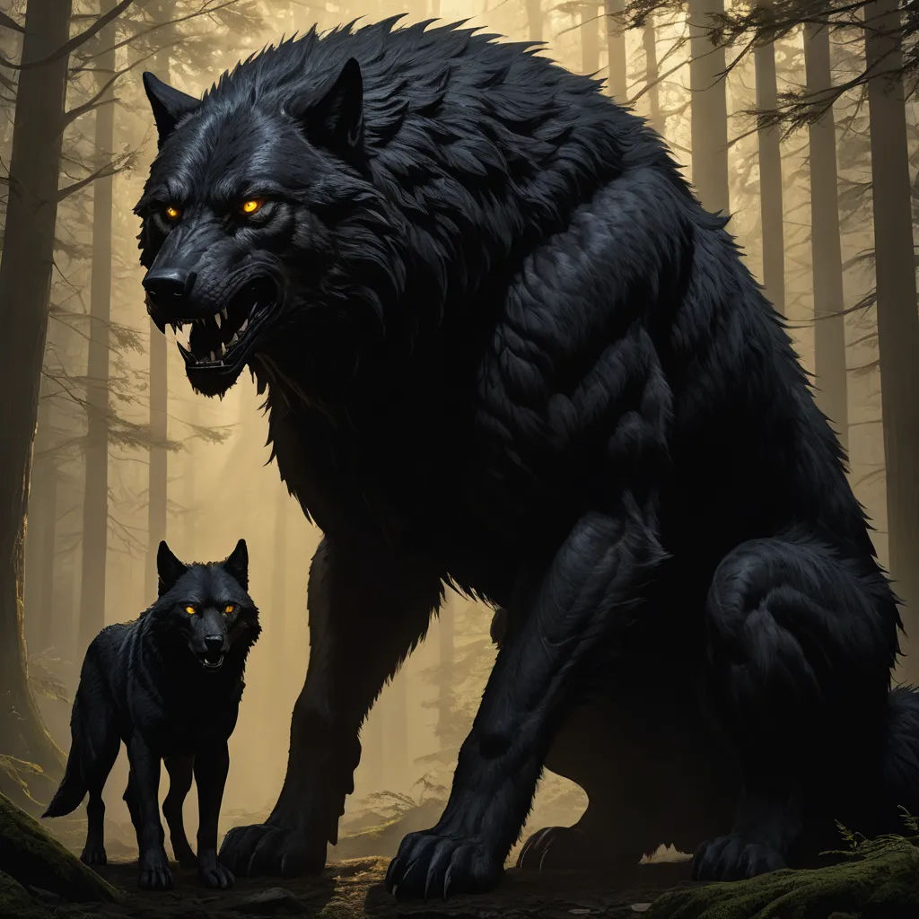 a wolf and a wolf cub in a forest with yellow eyes and a black wolf with yellow eyes, standing next to each other, gothic art, concept art, Anne Stokes, highly detailed digital painting