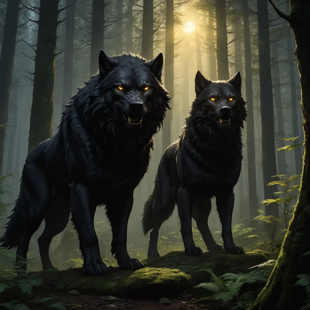 two black wolfs standing in a forest with bright eyes and glowing eyes on their faces, with the sun shining through the trees, furry art, concept art, Brothers Hildebrandt, magic the gathering artwork