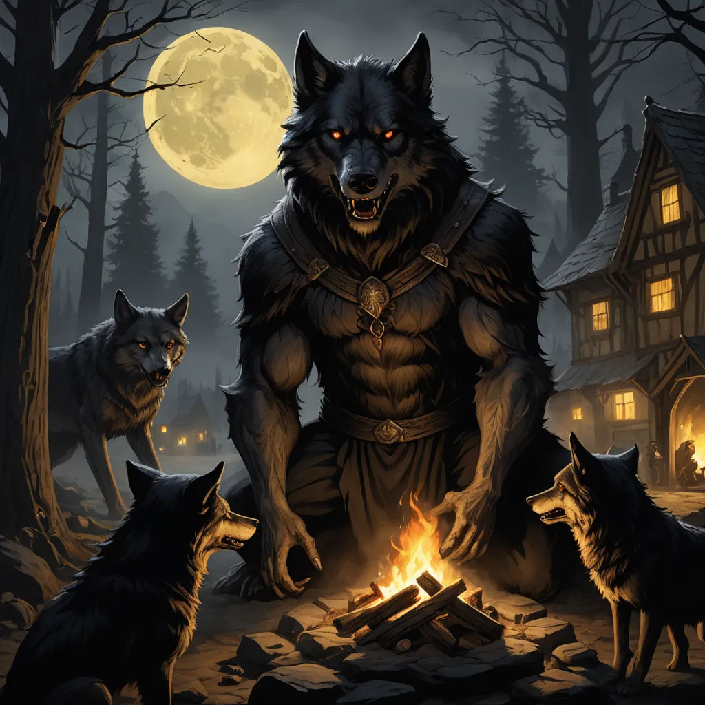 a wolf with a sword standing in front of a fire pit with three wolfs around it and a full moon in the background, furry art, a detailed painting, Chris Rahn, furaffinity