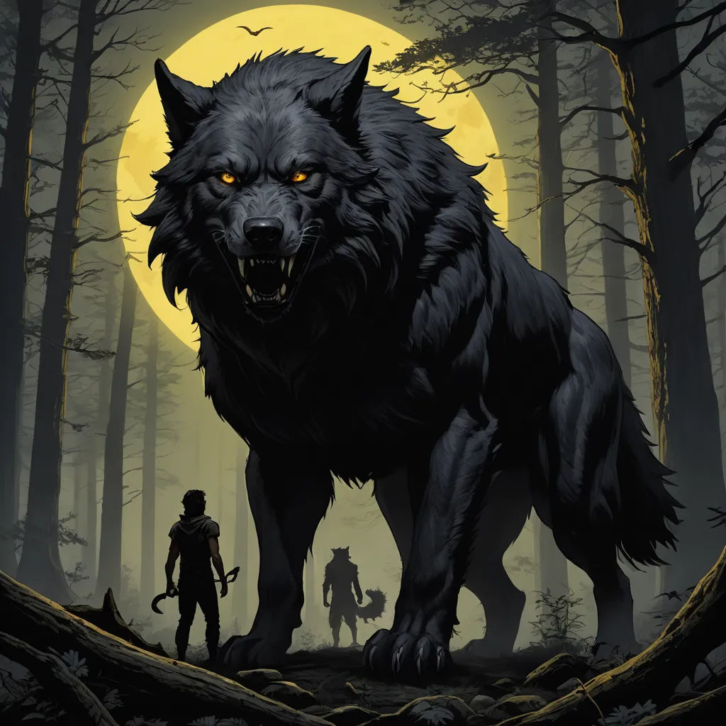 a wolf with yellow eyes standing in a forest with a man and a dog in front of a full moon, fantasy art, poster art, Dan Mumford, comic cover art