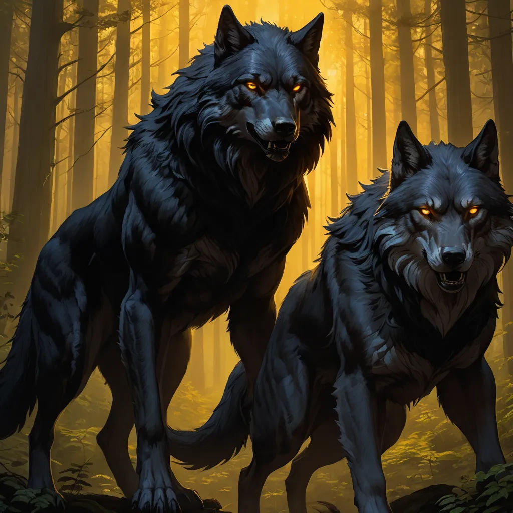 two black wolfs are standing in the woods together, with glowing eyes on their faces and their bodies, furry art, concept art, Brothers Hildebrandt, magic the gathering artwork
