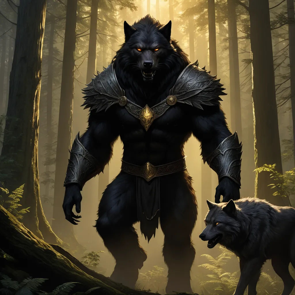 a wolf and a wolf cub in a forest with a light shining through the trees and a man in armor, furry art, concept art, Anne Stokes, epic fantasy character art