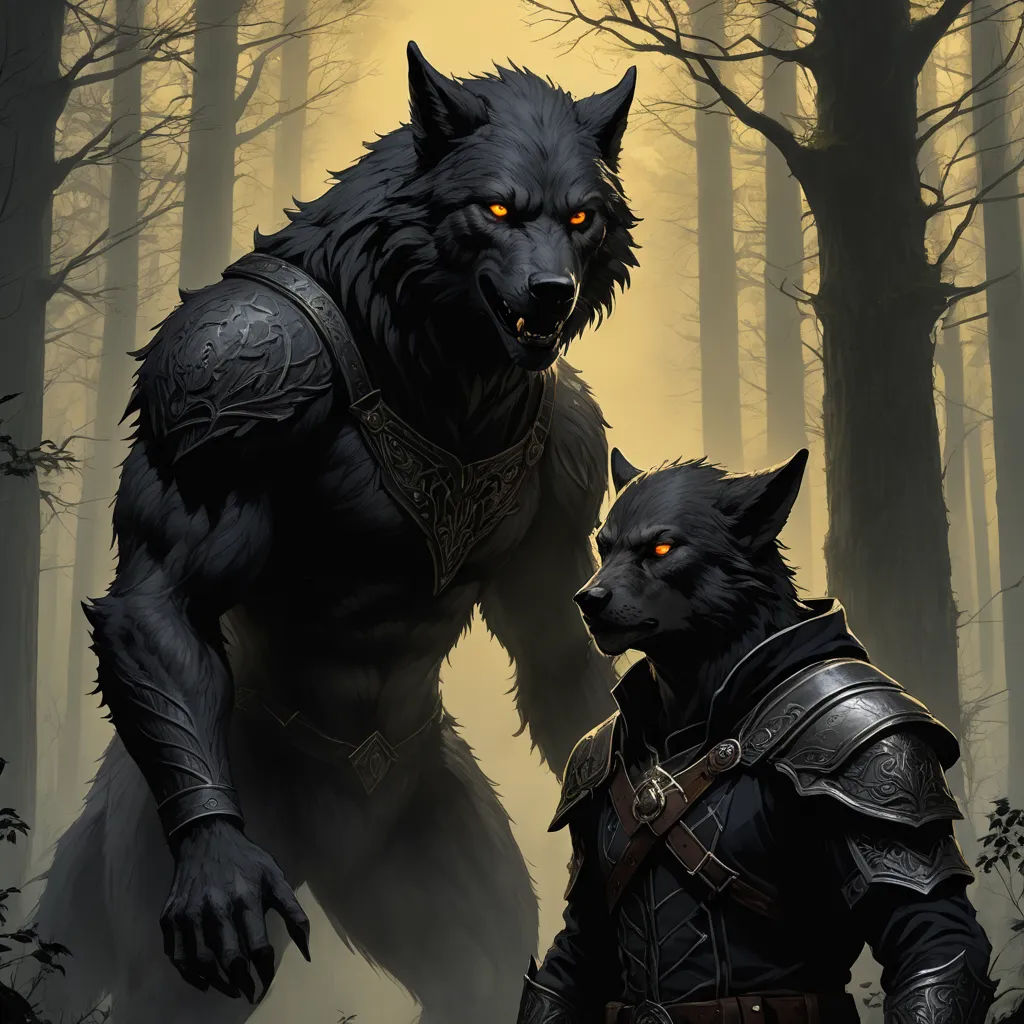 a wolf and a man in a forest with trees and fogs in the background, with yellow eyes, furry art, concept art, Chris Rahn, epic fantasy character art