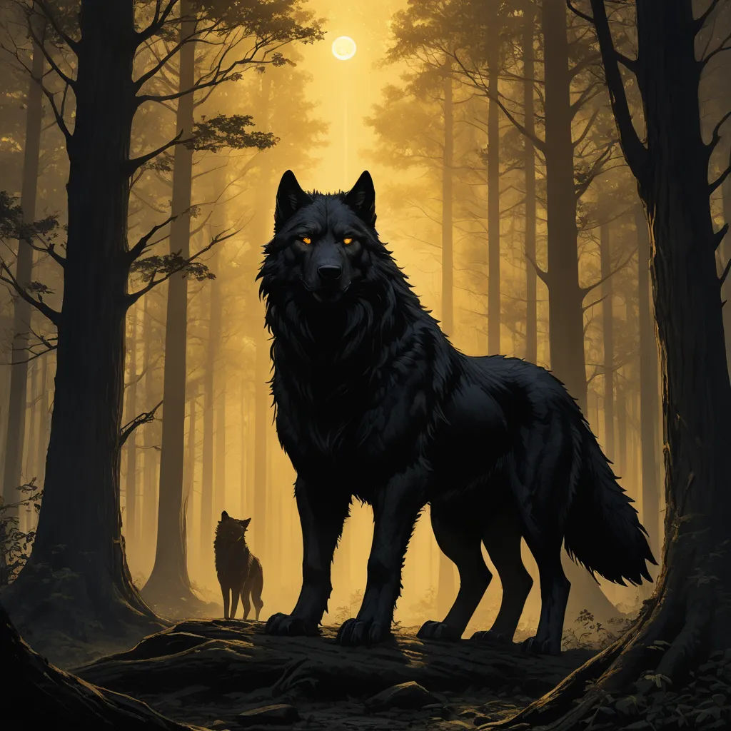 a wolf and a wolf cub in a forest at night with the sun shining through the trees and the moon shining through the trees, gothic art, poster art, Dan Mumford, comic cover art