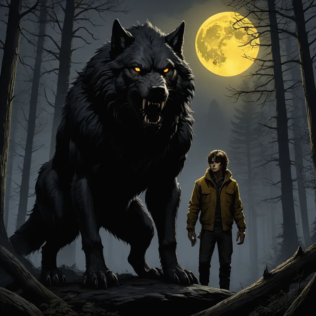 a man standing next to a wolf in a forest at night with a full moon behind him and a wolf on the ground, gothic art, poster art, Eddie Mendoza, key art