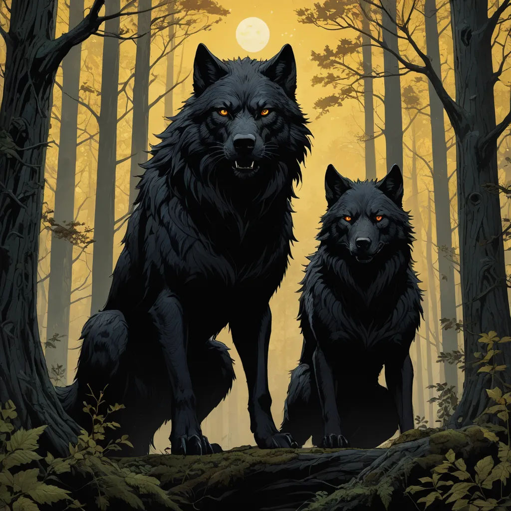 two black wolfs standing in a forest with a full moon in the background and trees in the foreground, gothic art, poster art, Dan Mumford, comic cover art