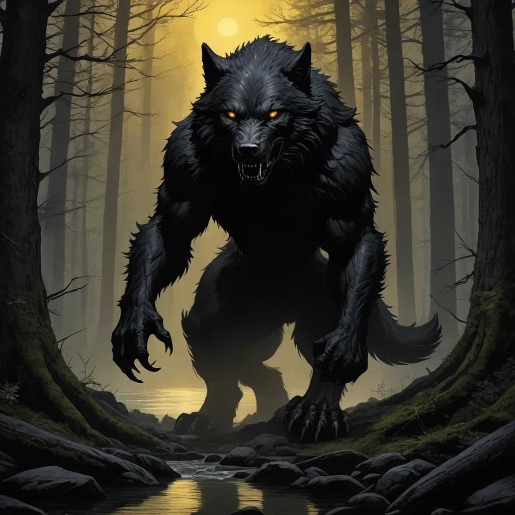 a black wolf with glowing eyes walking through a forest with a stream in front of it and a full moon in the background, furry art, a poster, Anne Stokes, magic the gathering artwork