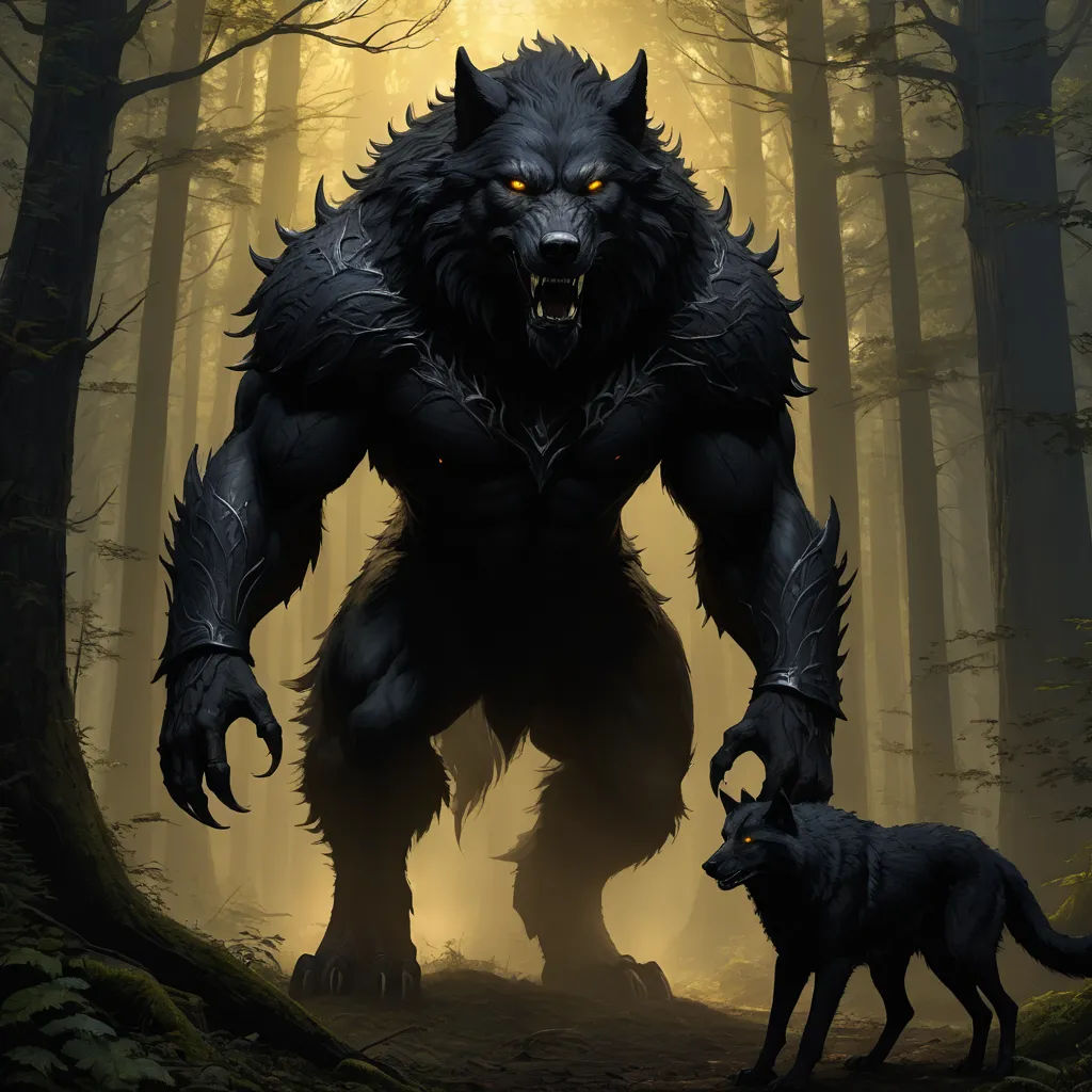 a wolf and a dog in a forest with a light shining through the trees and fog behind them,, furry art, concept art, Anne Stokes, epic fantasy character art