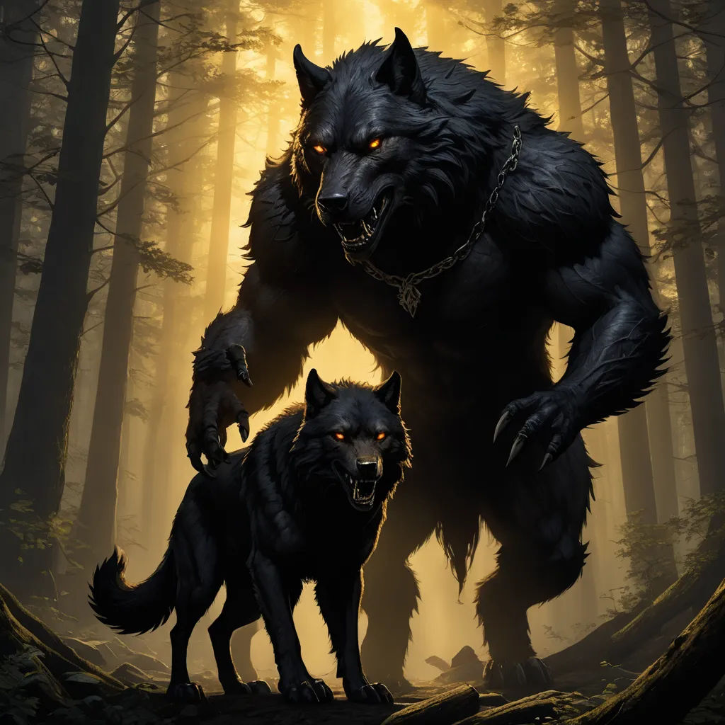 a couple of black wolf standing next to each other in a forest with yellow eyes and a black wolf, furry art, concept art, Anne Stokes, magic the gathering artwork