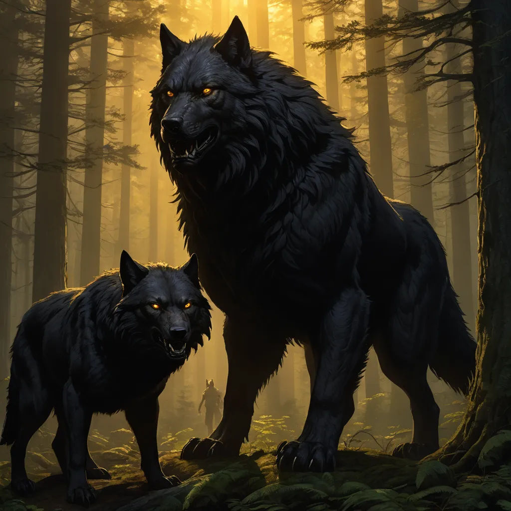 two black wolfs standing in a forest with yellow eyes and glowing eyes on their faces, with the wolf looking on, furry art, concept art, Brothers Hildebrandt, art greg rutkowski