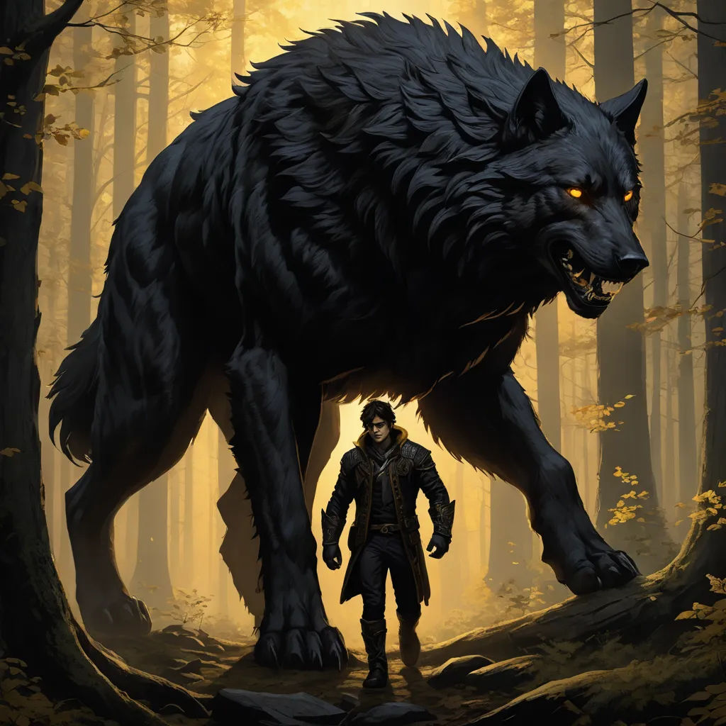 a man standing next to a wolf in a forest with trees and leaves on the ground and a yellow light shining on the wolf, fantasy art, a character portrait, Anato Finnstark, epic fantasy character art