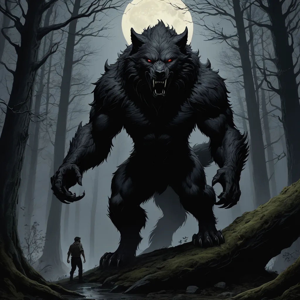 a man standing in a forest next to a giant black wolf with a full moon behind him and a man walking away, gothic art, a poster, Anne Stokes, full moon