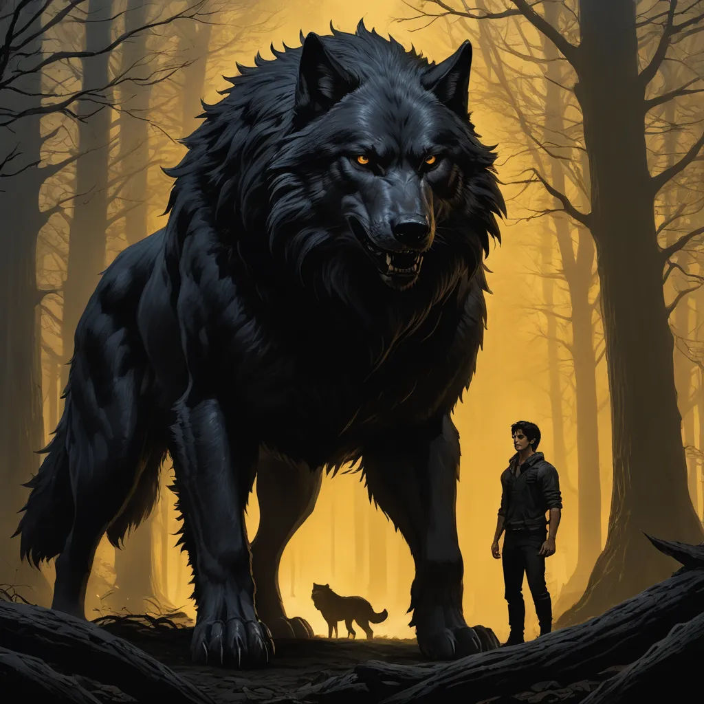 a man standing next to a wolf in a forest with a wolf on the ground next to him and a wolf on the ground, fantasy art, poster art, Dan Mumford, comic cover art